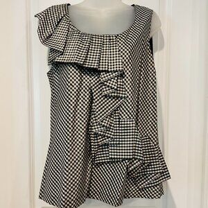 PURE DKNY Black & White Check Sleeveless Silk Top w/Front Ruffle, Size M